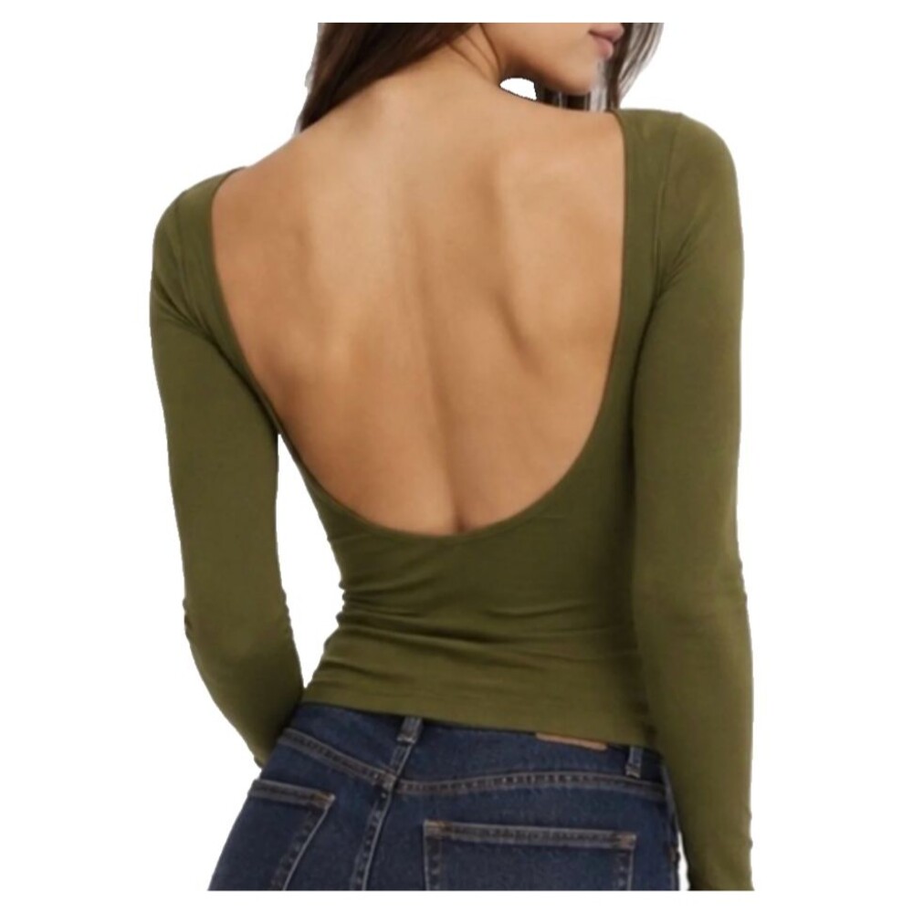 Free People Intimately Ali Low Back Long Sleeve Seamless Top M/L Olive Stretch